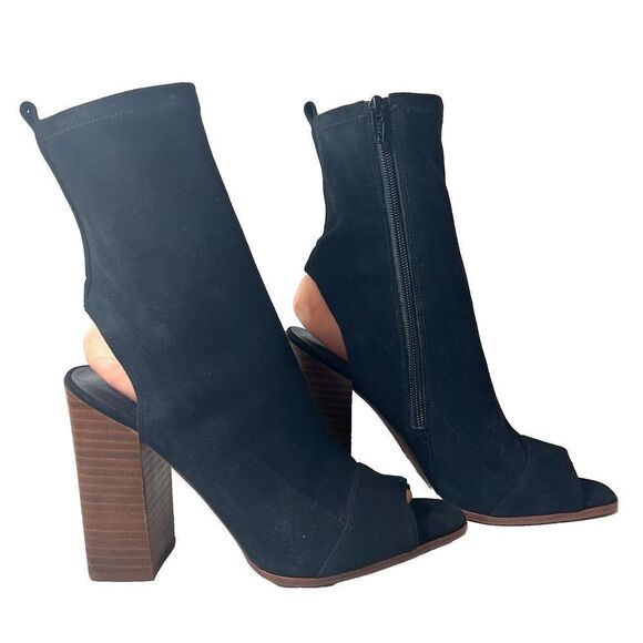 Aldo Women's Size 8 Black Suede Ultra High Heels Peep Toe Mid Calf Zip Up Bootie - Picture 2 of 10